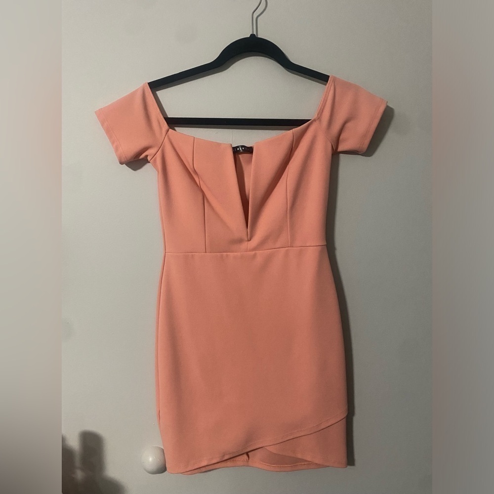 Lulus Blue Blush Deep V Off the Shoulder Coral Orange Mini Dress